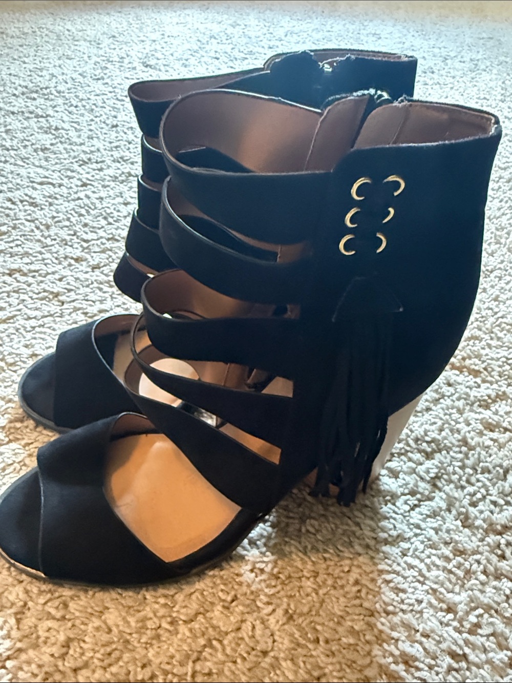 Qupid Black Strappy Fringe Wedge Heels